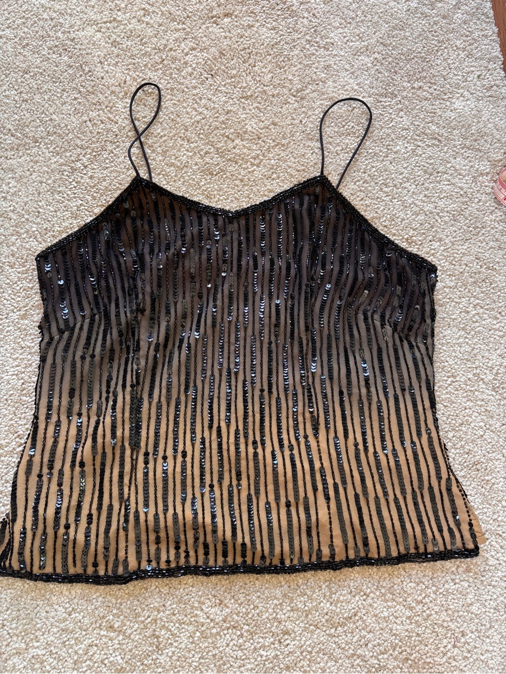 Cache 100% Silk Black Sequin Beaded Cami Tank Top Size S Evening Party - Picture 7 of 7